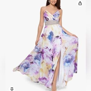 XSCAPE Women’s Floral Print Embellished Waist Gown Dress